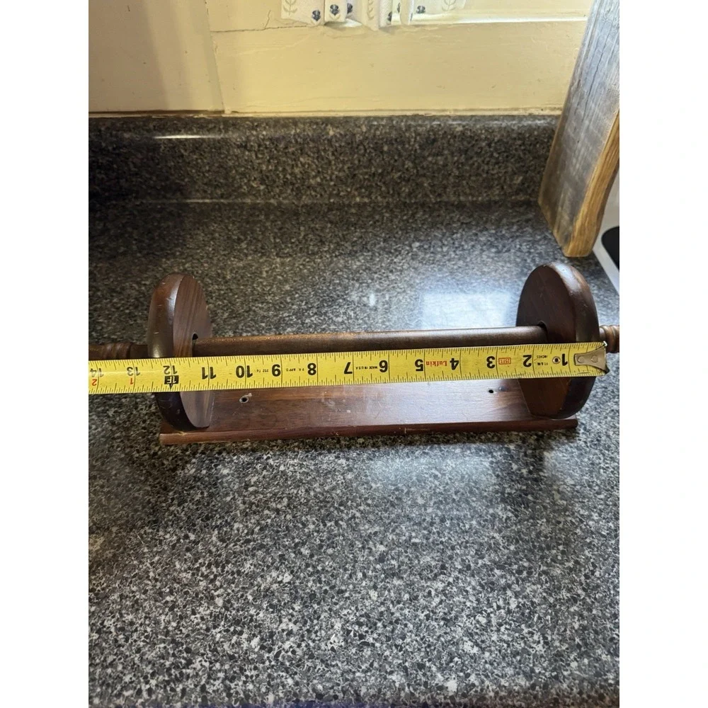 Vintage dark brown solid wood wall mount paper towel holder rolling pin shaped